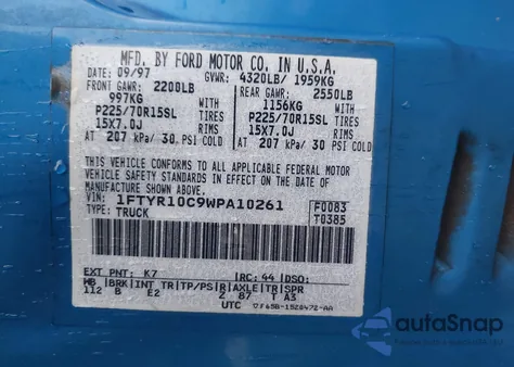 1998 Ford Ranger Splash/Xl/Xlt z USA, uszkodzony, nr VIN 1FTYR10C9WPA10261